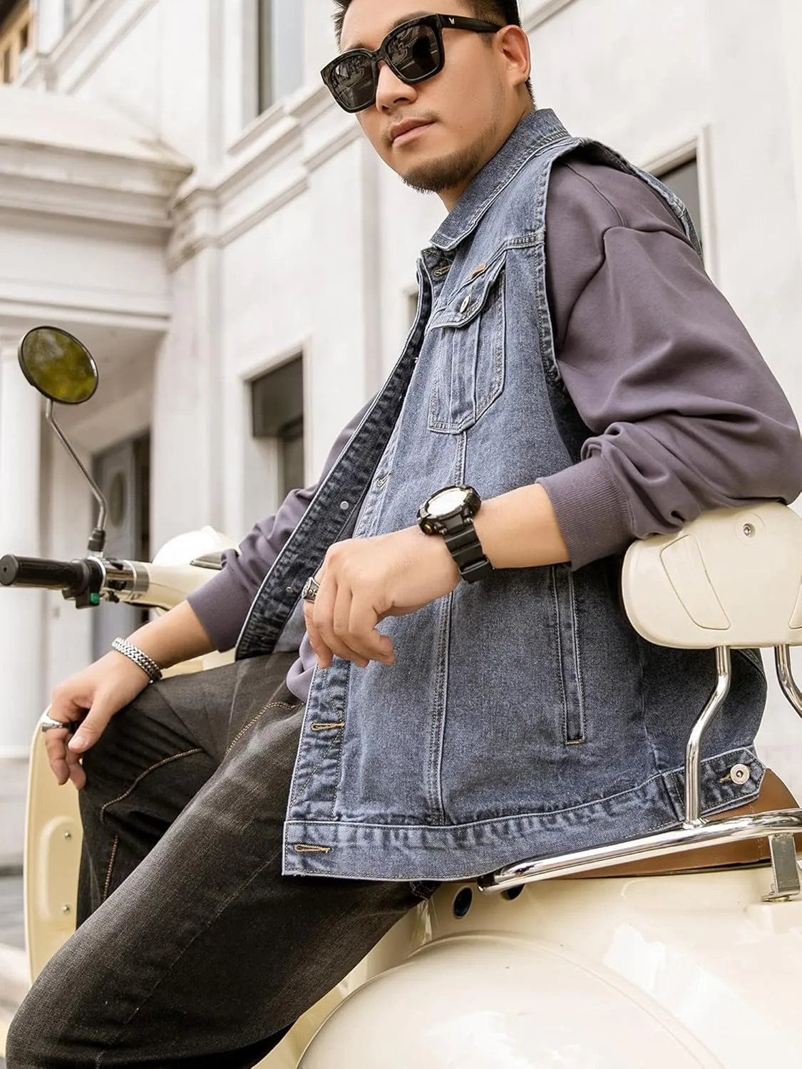 Men's Denim Vest Motorcycle Unlined Biker Plus Size Sleeveless Jean Vest Jacket