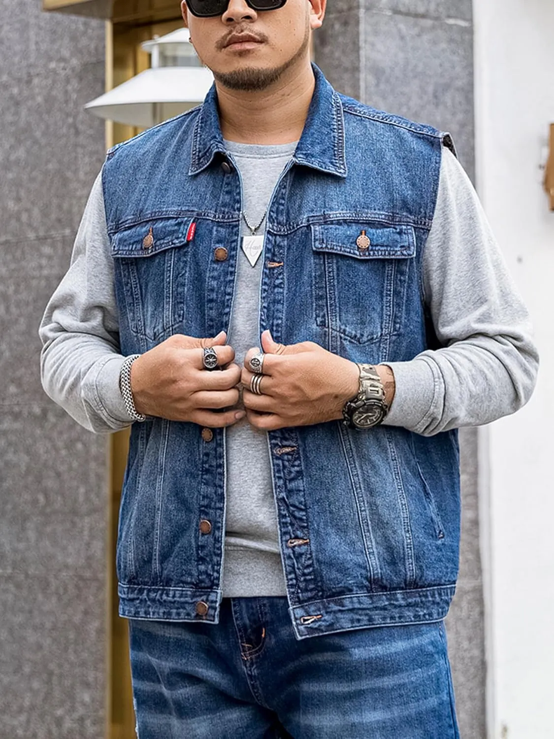 Men's Denim Vest Motorcycle Unlined Biker Plus Size Sleeveless Jean Vest Jacket