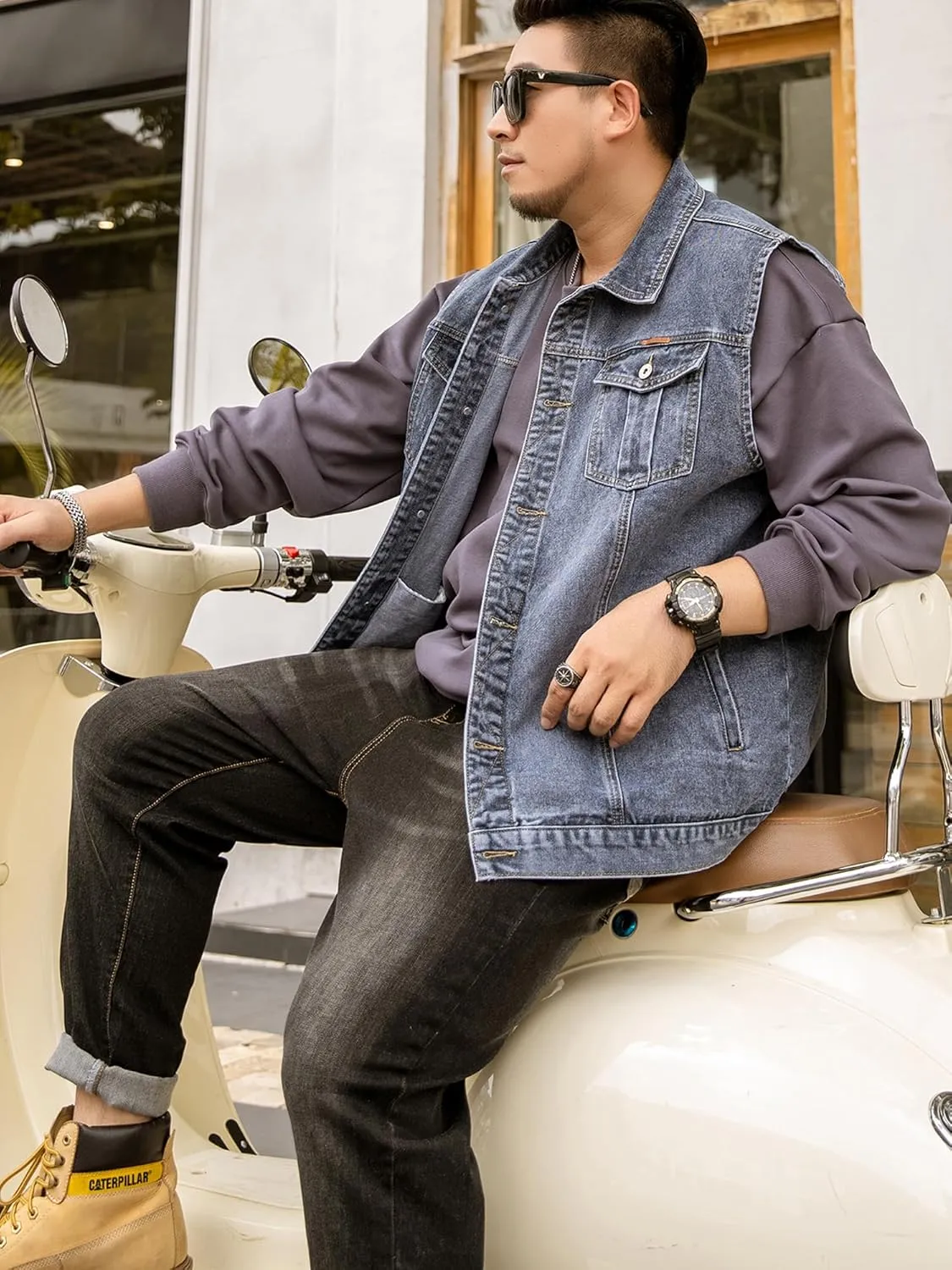 Men's Denim Vest Motorcycle Unlined Biker Plus Size Sleeveless Jean Vest Jacket