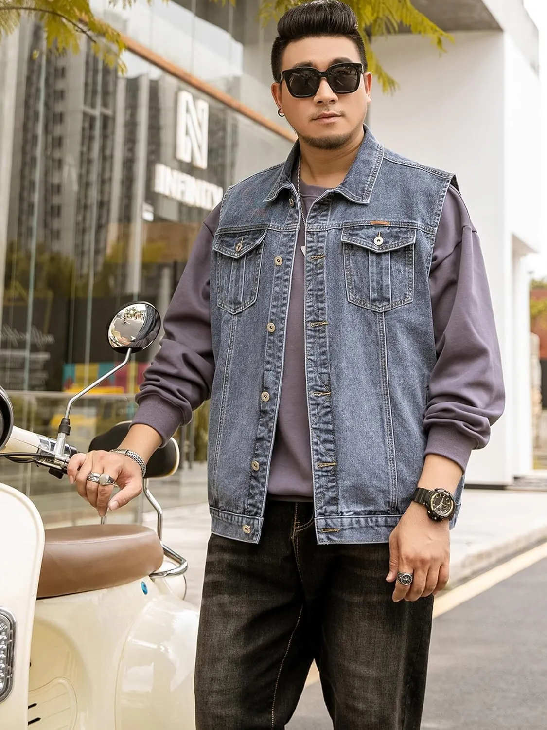 Men's Denim Vest Motorcycle Unlined Biker Plus Size Sleeveless Jean Vest Jacket
