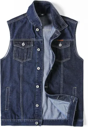 Men's Denim Vest Motorcycle Unlined Biker Plus Size Sleeveless Jean Vest Jacket