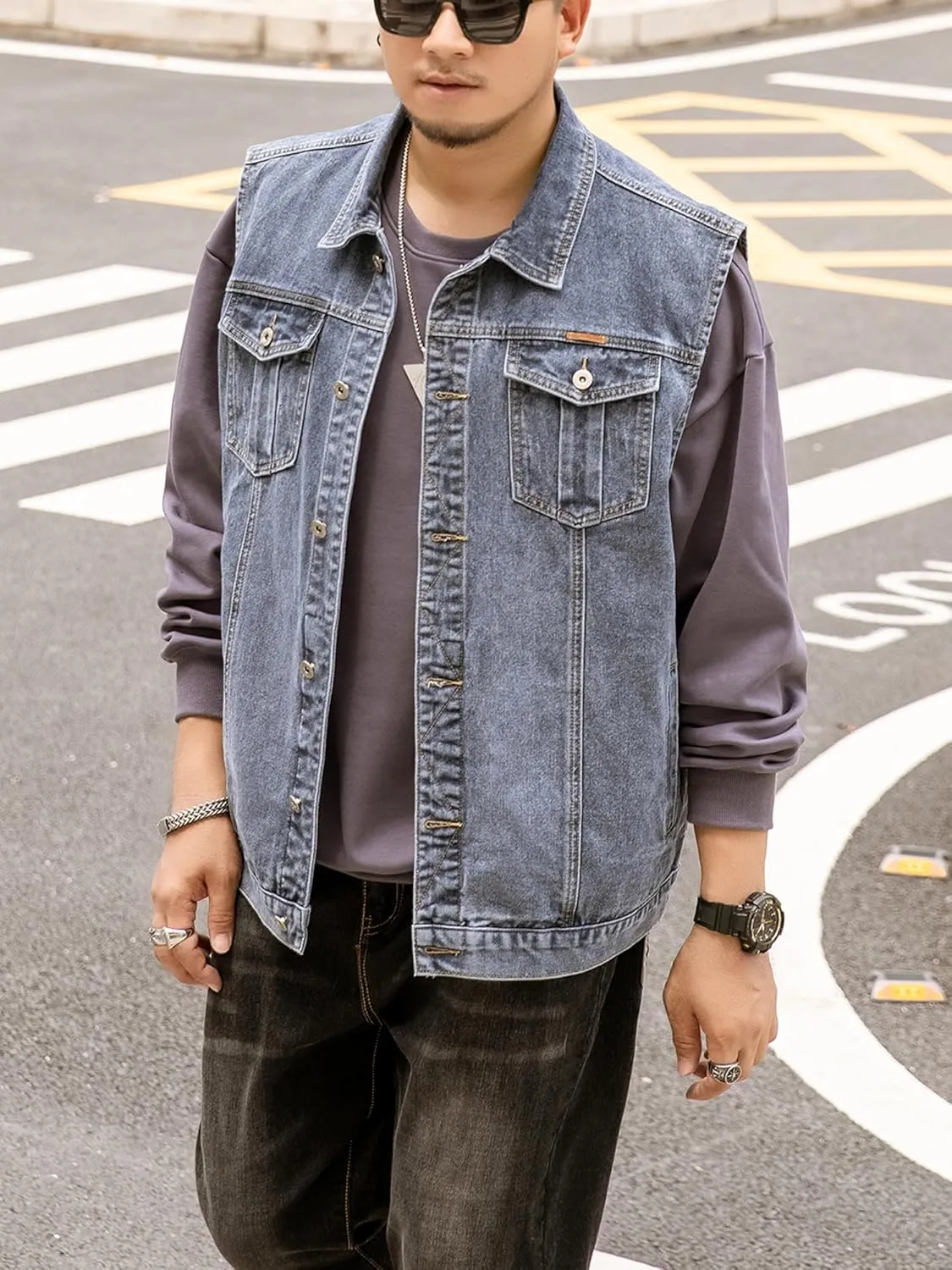 Men's Denim Vest Motorcycle Unlined Biker Plus Size Sleeveless Jean Vest Jacket