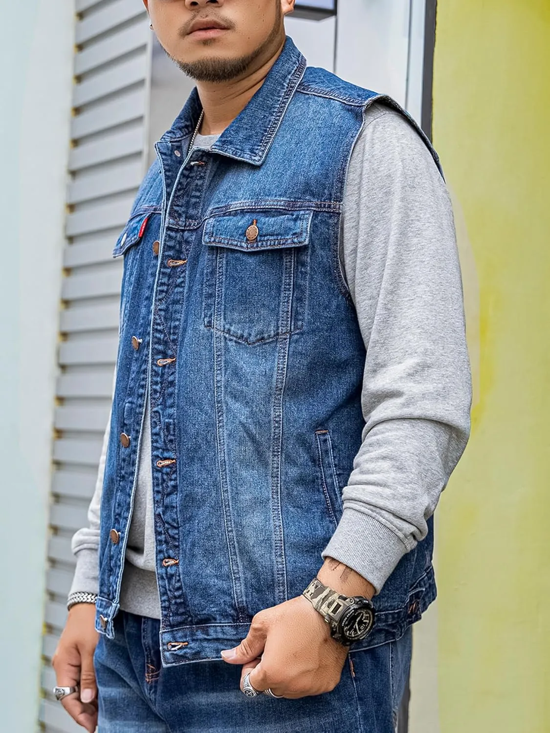 Men's Denim Vest Motorcycle Unlined Biker Plus Size Sleeveless Jean Vest Jacket