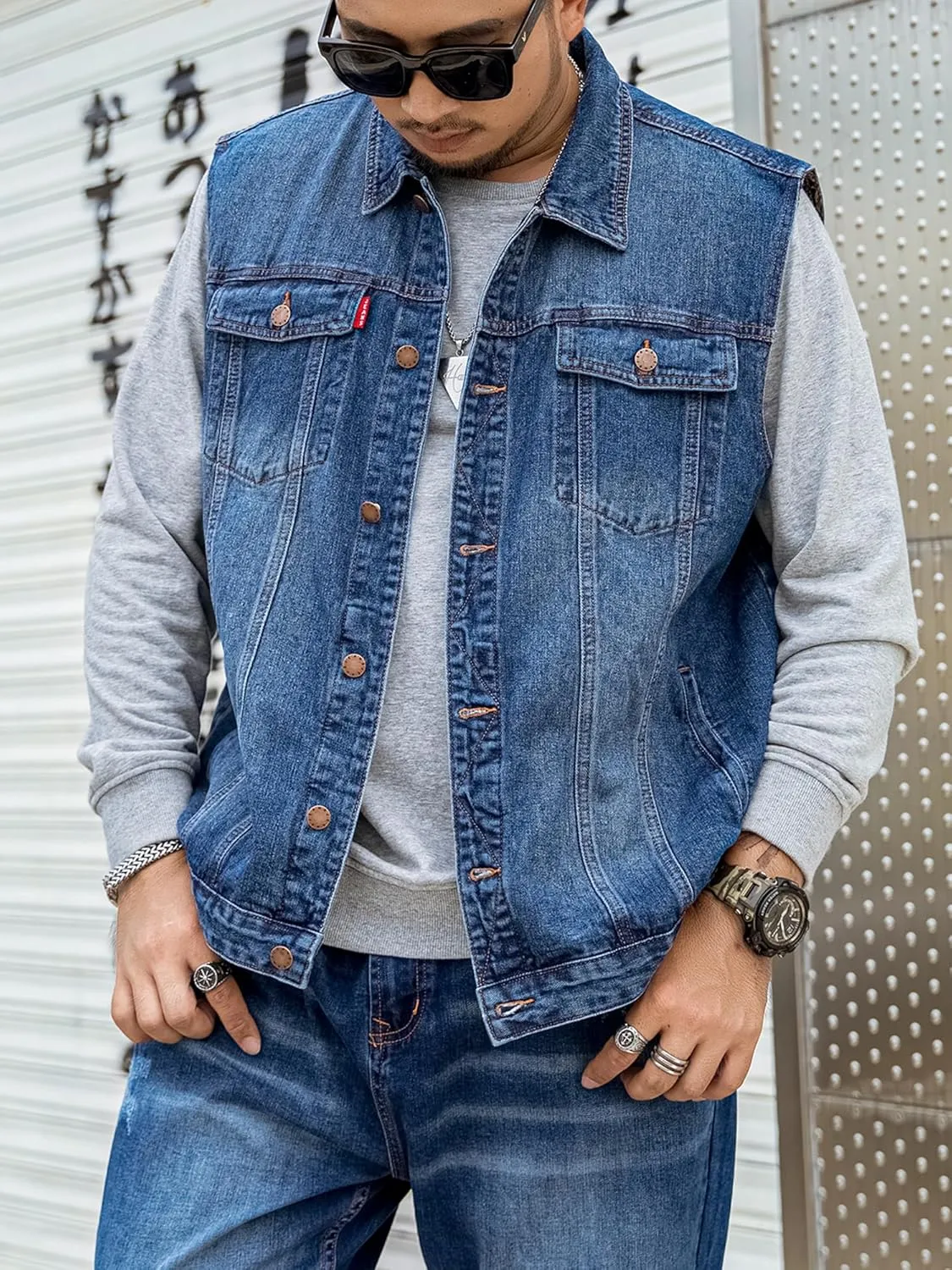 Men's Denim Vest Motorcycle Unlined Biker Plus Size Sleeveless Jean Vest Jacket