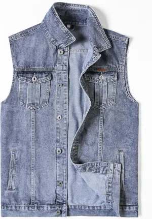 Men's Denim Vest Motorcycle Unlined Biker Plus Size Sleeveless Jean Vest Jacket