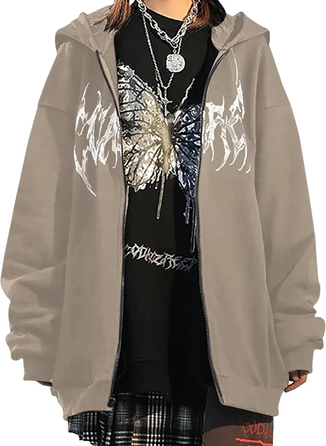 MISSACTIVER Womens Casual Graphic Printed Hoodies Oversized Zip Up 90S E-Girl Streetwear Grunge Jacket