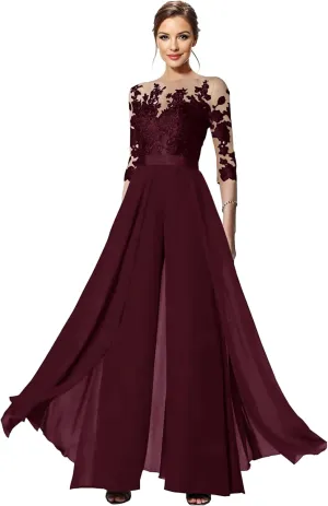 Mother of The Bride Pant Suits - 3/4 Sleeves Chiffon Lace Wedding Formal Jumpsuits