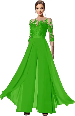 Mother of The Bride Pant Suits - 3/4 Sleeves Chiffon Lace Wedding Formal Jumpsuits