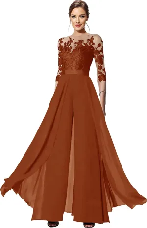 Mother of The Bride Pant Suits - 3/4 Sleeves Chiffon Lace Wedding Formal Jumpsuits