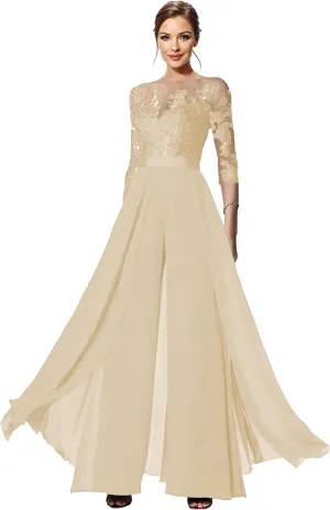 Mother of The Bride Pant Suits - 3/4 Sleeves Chiffon Lace Wedding Formal Jumpsuits