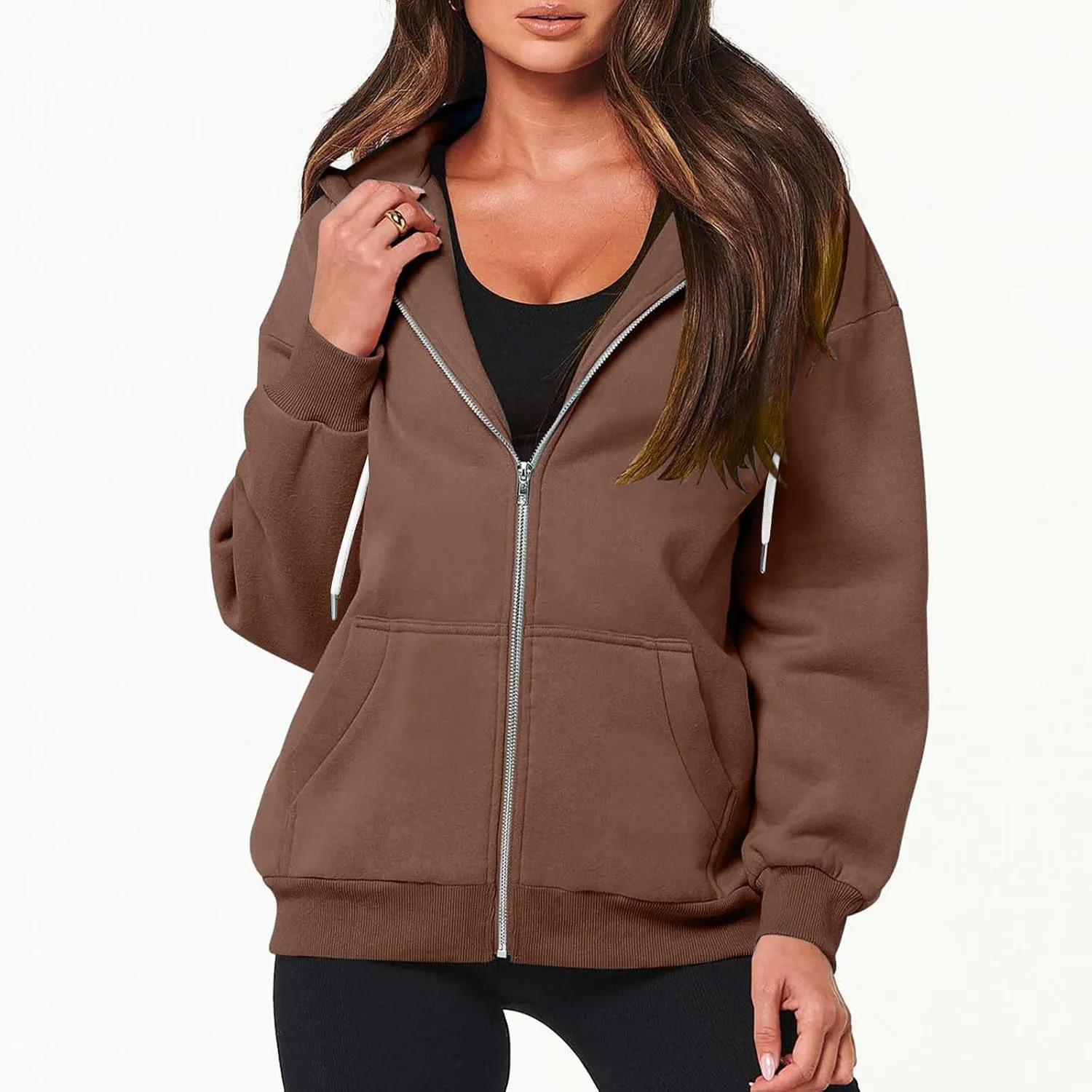 nerohusy Women's Cute Hoodies Girl Fall 2023 Jacket Oversized Sweatshirts Casual Drawstring Zip Up Y2K Hoodie with Pocket