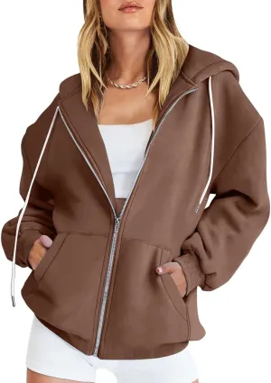 nerohusy Women's Cute Hoodies Girl Fall 2023 Jacket Oversized Sweatshirts Casual Drawstring Zip Up Y2K Hoodie with Pocket