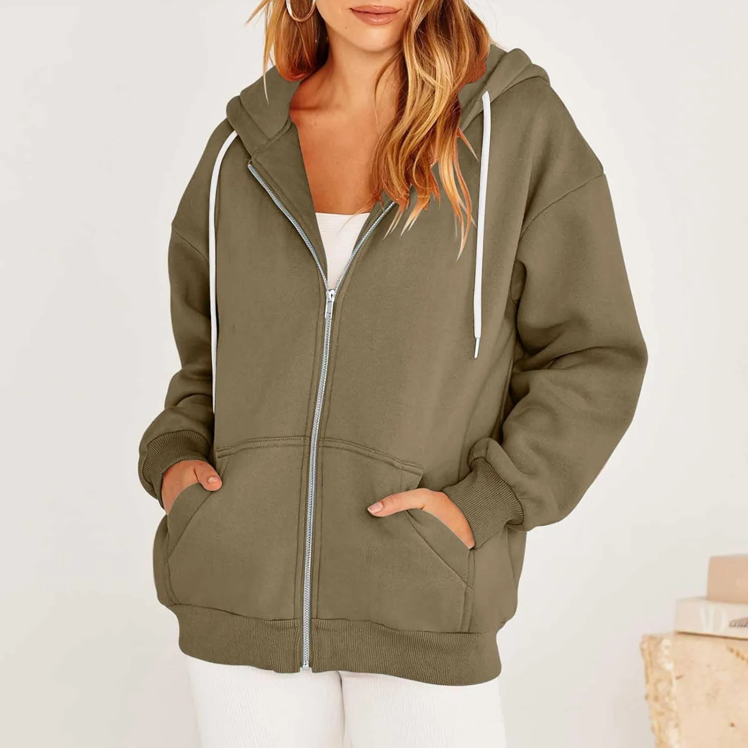 nerohusy Women's Cute Hoodies Girl Fall 2023 Jacket Oversized Sweatshirts Casual Drawstring Zip Up Y2K Hoodie with Pocket