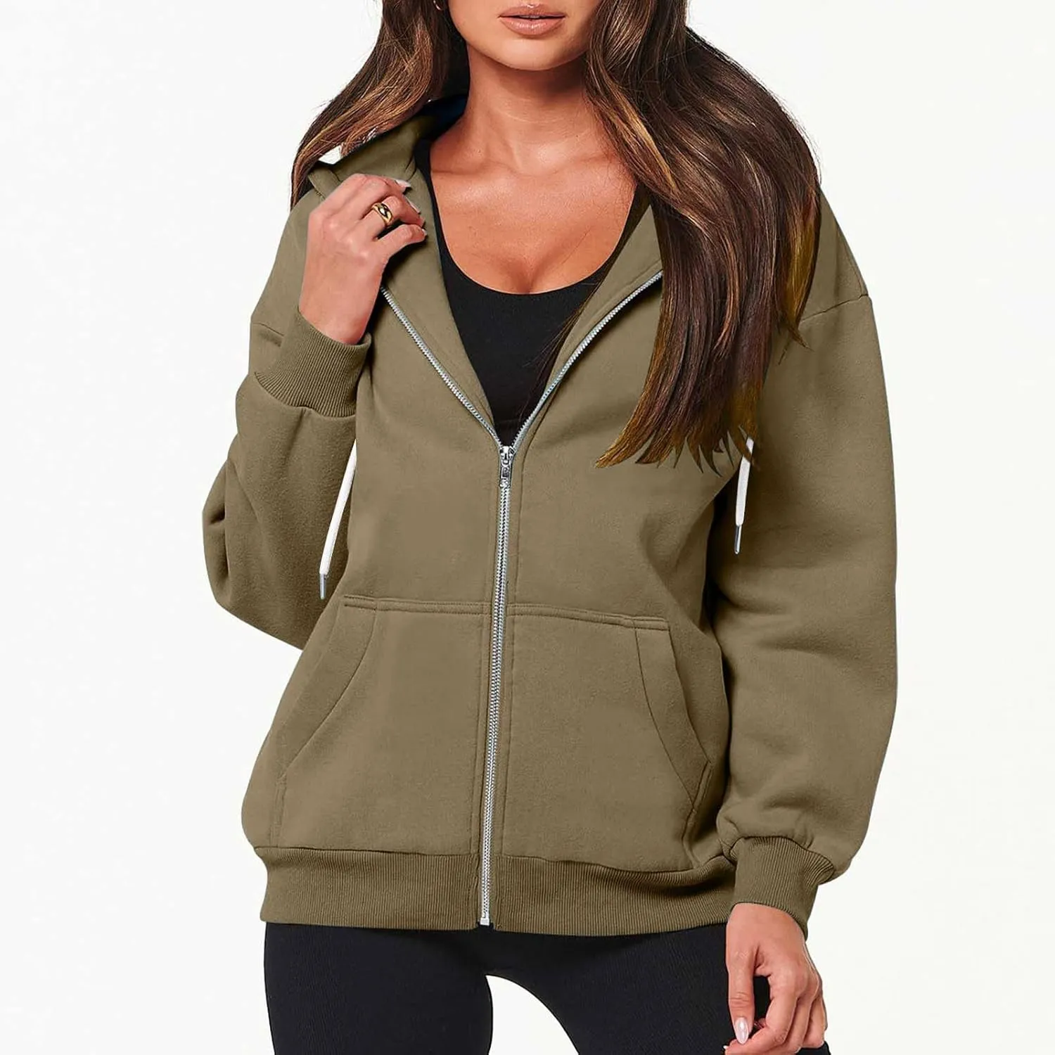nerohusy Women's Cute Hoodies Girl Fall 2023 Jacket Oversized Sweatshirts Casual Drawstring Zip Up Y2K Hoodie with Pocket
