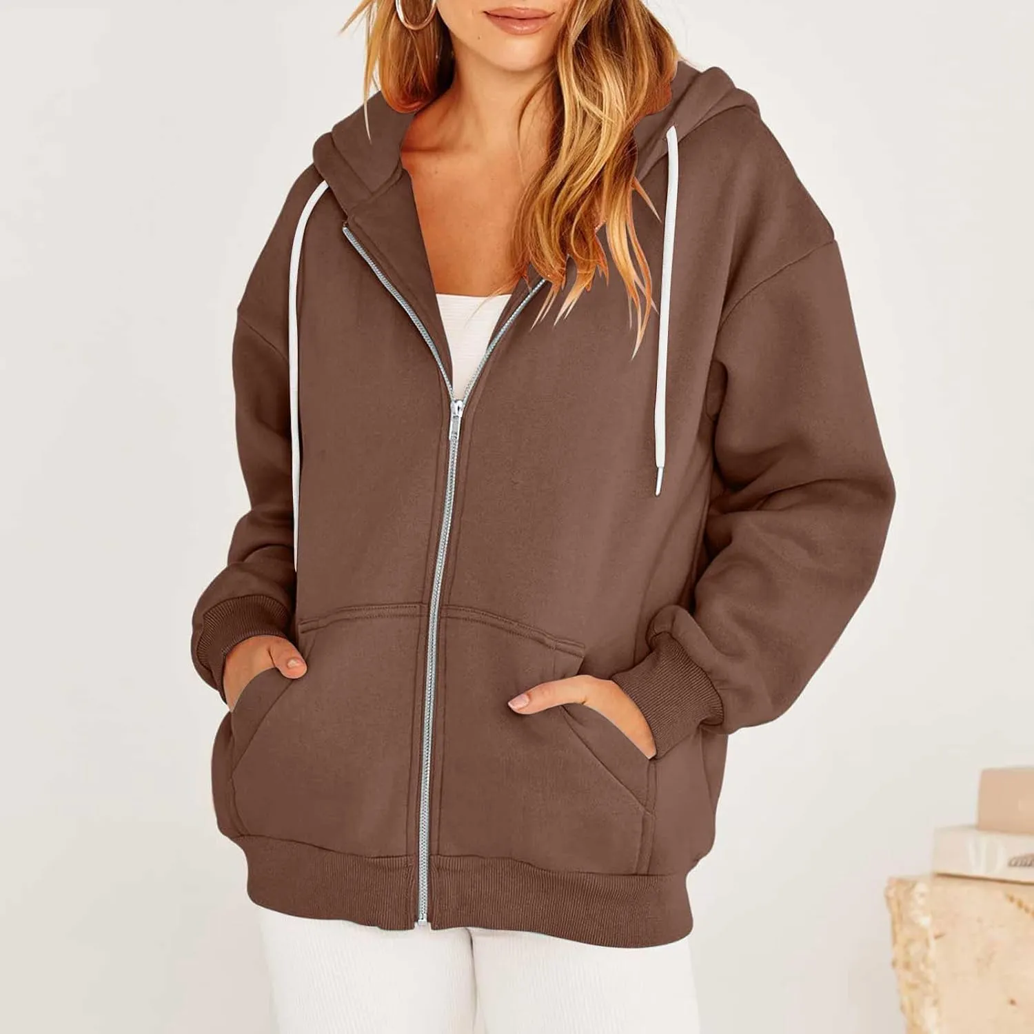 nerohusy Women's Cute Hoodies Girl Fall 2023 Jacket Oversized Sweatshirts Casual Drawstring Zip Up Y2K Hoodie with Pocket