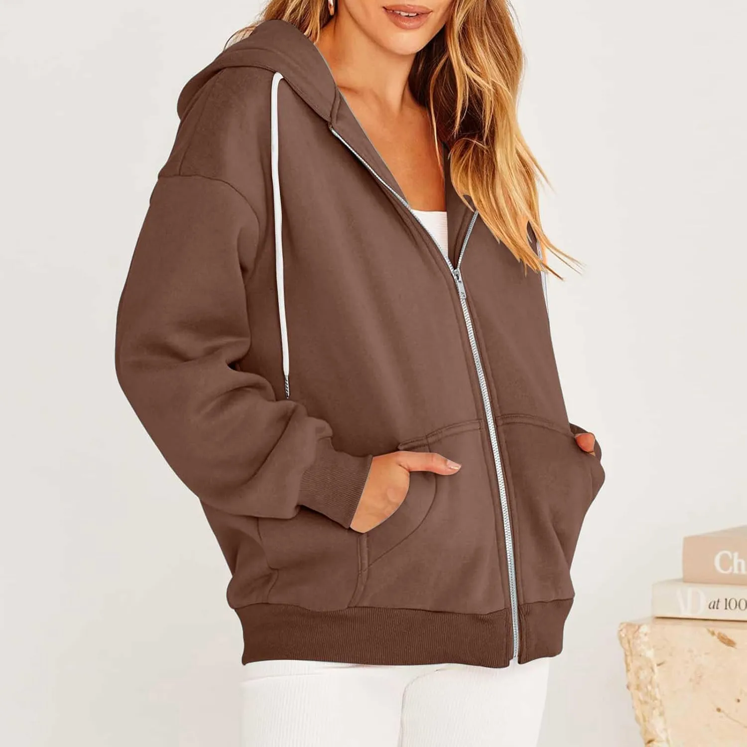 nerohusy Women's Cute Hoodies Girl Fall 2023 Jacket Oversized Sweatshirts Casual Drawstring Zip Up Y2K Hoodie with Pocket