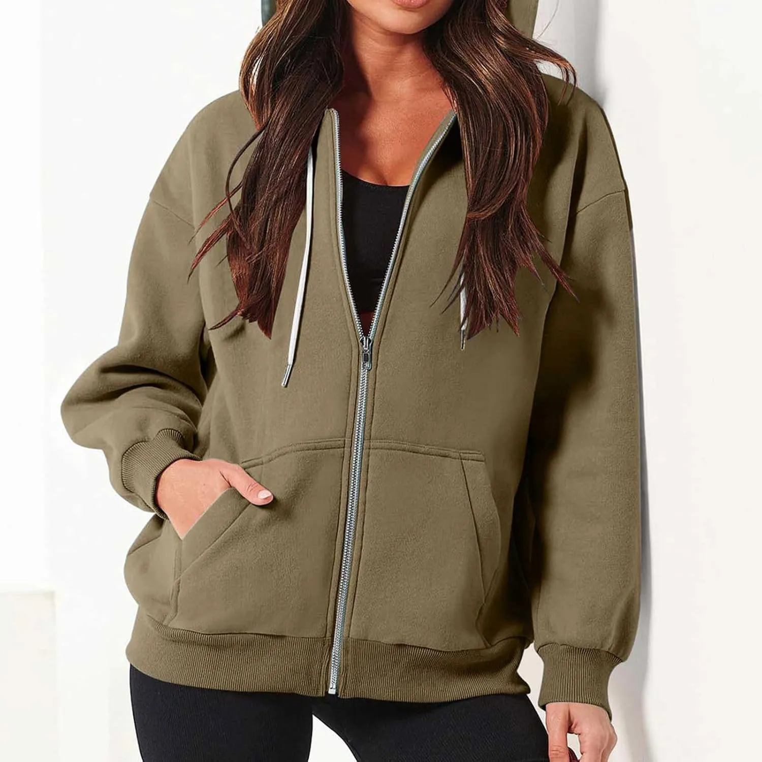 nerohusy Women's Cute Hoodies Girl Fall 2023 Jacket Oversized Sweatshirts Casual Drawstring Zip Up Y2K Hoodie with Pocket