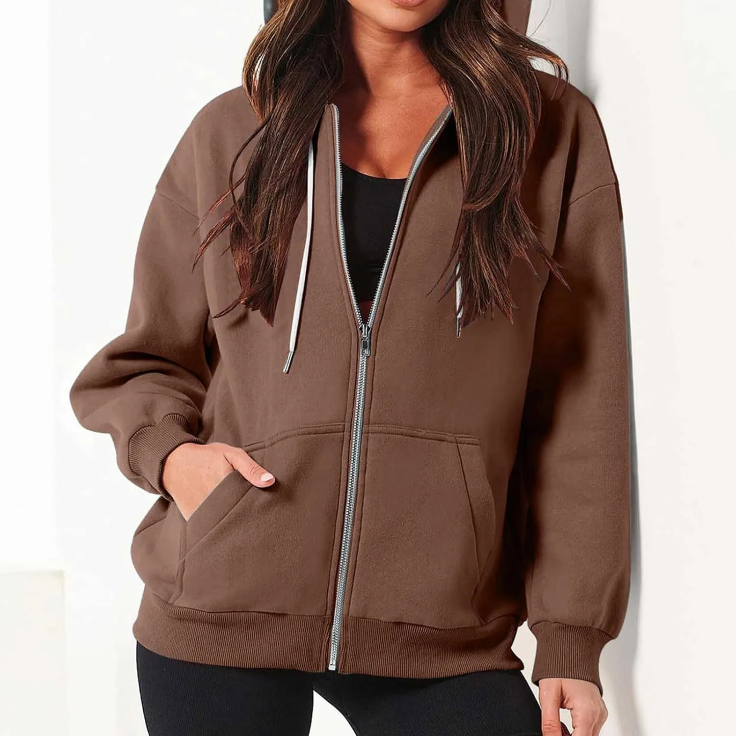 nerohusy Women's Cute Hoodies Girl Fall 2023 Jacket Oversized Sweatshirts Casual Drawstring Zip Up Y2K Hoodie with Pocket