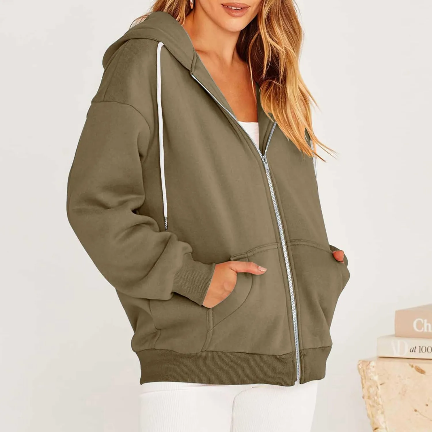 nerohusy Women's Cute Hoodies Girl Fall 2023 Jacket Oversized Sweatshirts Casual Drawstring Zip Up Y2K Hoodie with Pocket