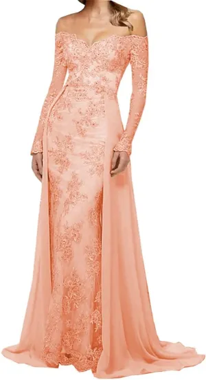 Noufany Mermaid Off Shoulder Appliques Beadings Prom Dress for Women Overskirt Evening Gowns for Teens Wedding Guest Dress