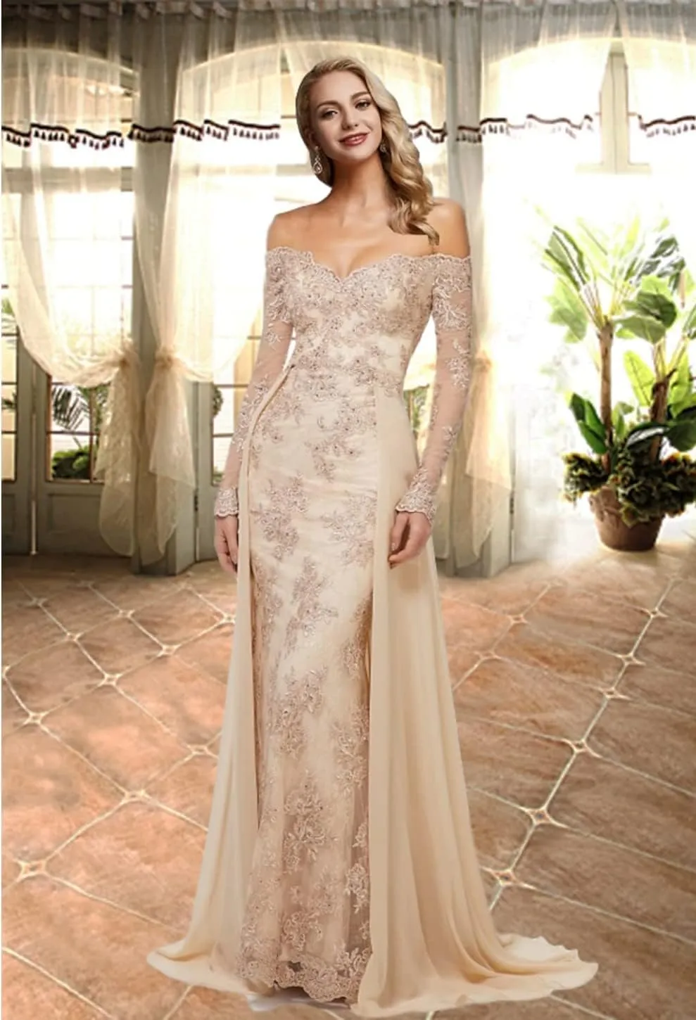 Noufany Mermaid Off Shoulder Appliques Beadings Prom Dress for Women Overskirt Evening Gowns for Teens Wedding Guest Dress