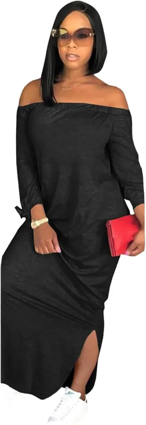 OLUOLIN Women's Casual Letter Print Off Shoulder Long Sleeve Bowknot Sides Slit Loose Long T-Shirt Maxi Dress