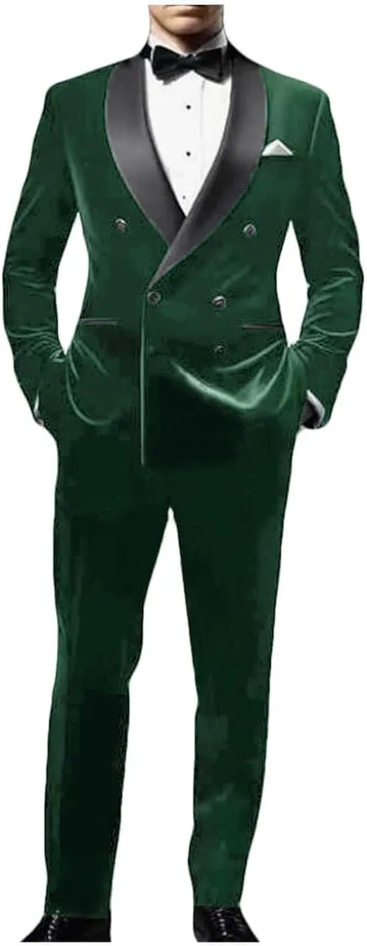 ORBITRAY Men's Velvet Suit 2025 Double Breasted Peaked Lapel Slim Fit Prom Suits for Men