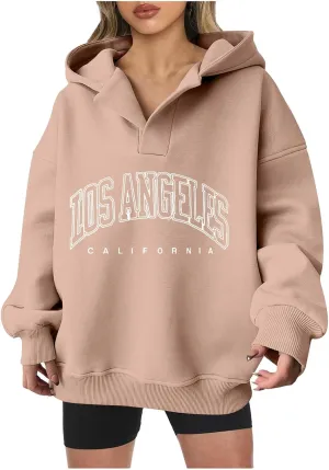 Oversized Hoodies for Women 2024 Long Sleeve V Neck Letter Printing Sweatshirts Fall Fashion Classic Pullover