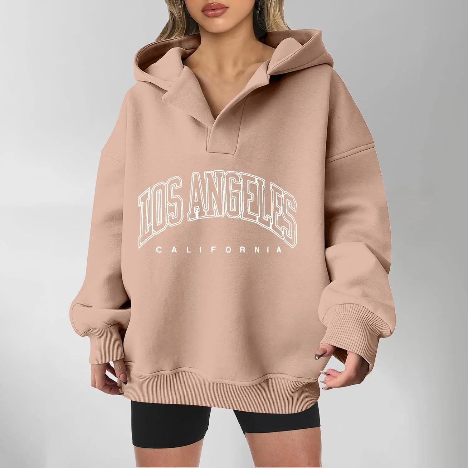 Oversized Hoodies for Women 2024 Long Sleeve V Neck Letter Printing Sweatshirts Fall Fashion Classic Pullover