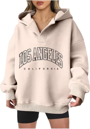 Oversized Hoodies for Women 2024 Long Sleeve V Neck Letter Printing Sweatshirts Fall Fashion Classic Pullover