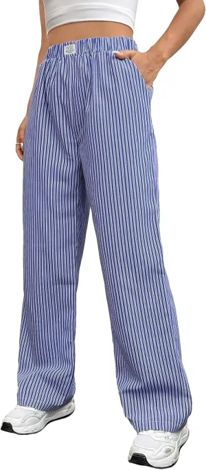 OYOANGLE Women's Straight Wide Leg Trousers Striped Print Letter Patched Detail High Waist Y2K Fashion Pants