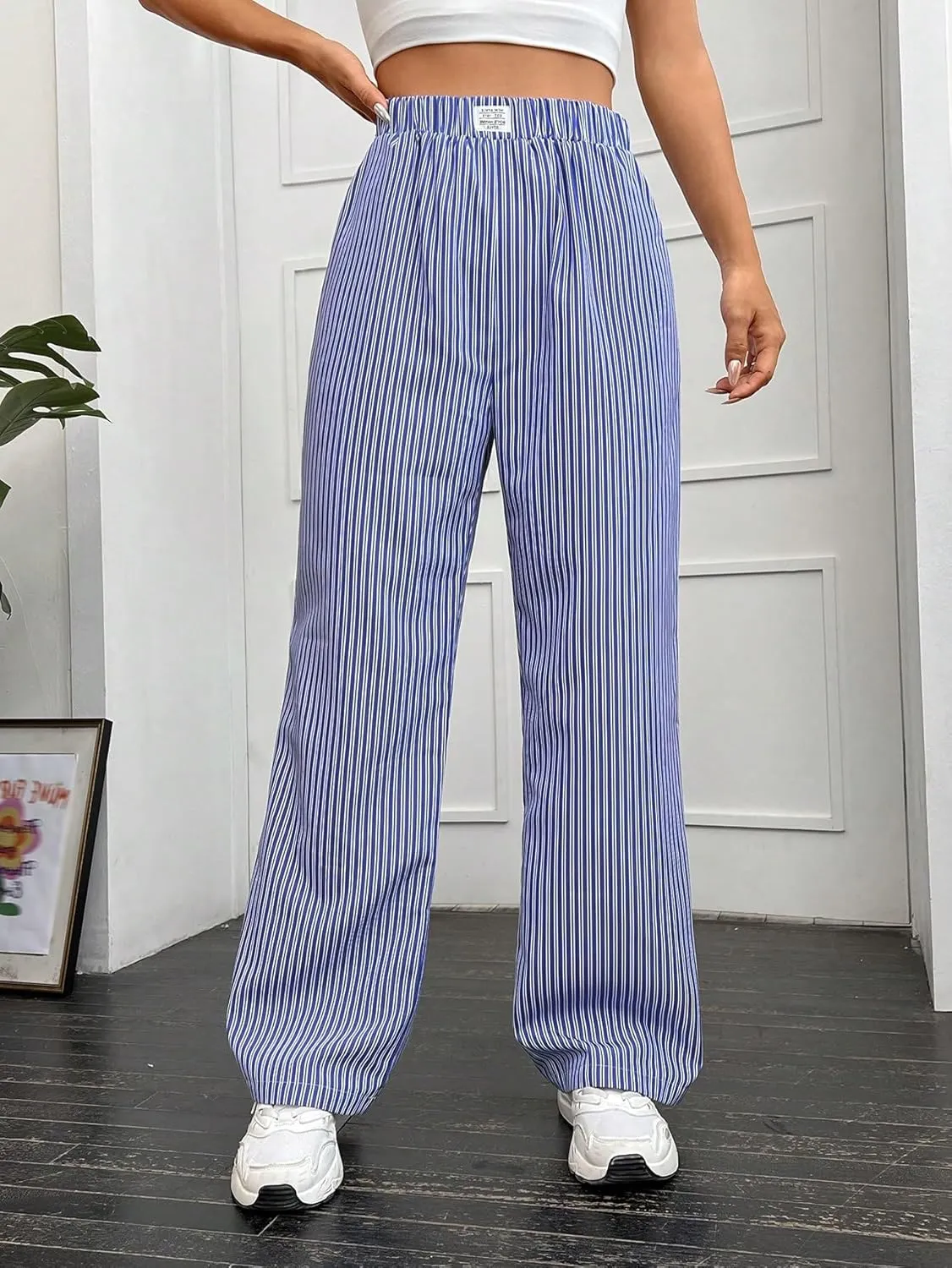 OYOANGLE Women's Straight Wide Leg Trousers Striped Print Letter Patched Detail High Waist Y2K Fashion Pants