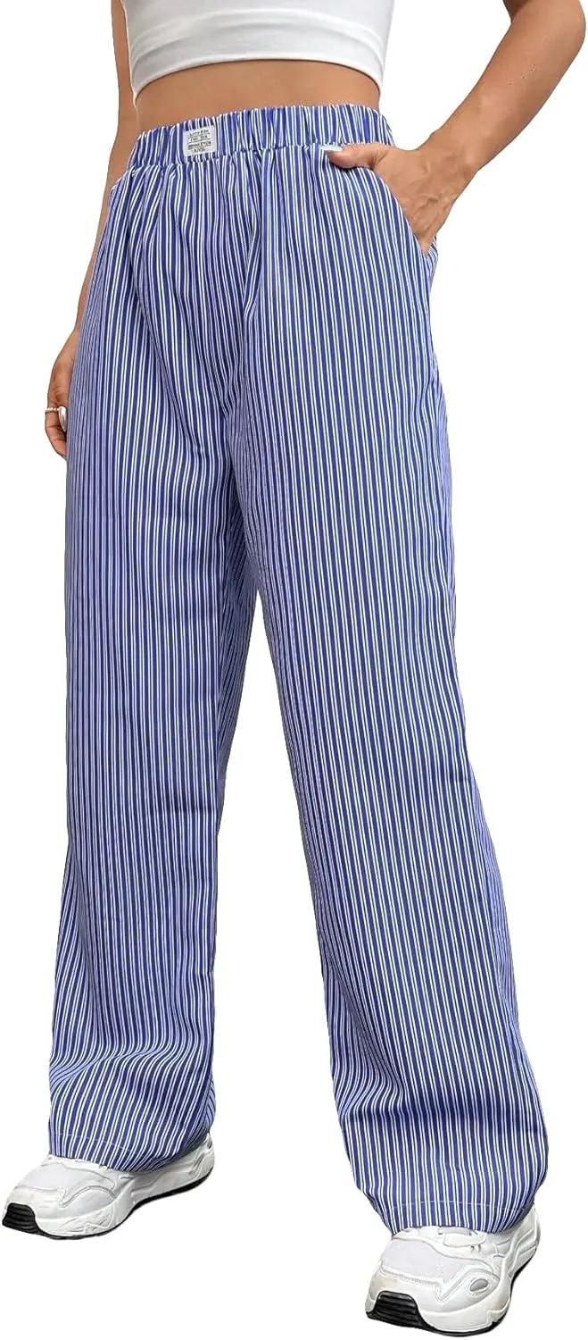 OYOANGLE Women's Straight Wide Leg Trousers Striped Print Letter Patched Detail High Waist Y2K Fashion Pants