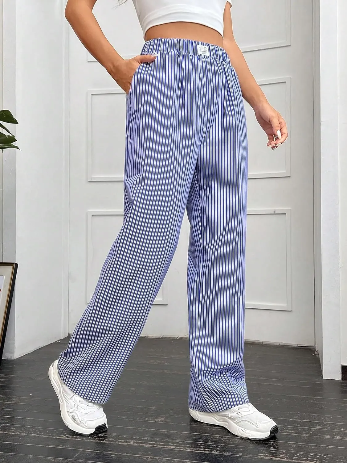 OYOANGLE Women's Straight Wide Leg Trousers Striped Print Letter Patched Detail High Waist Y2K Fashion Pants
