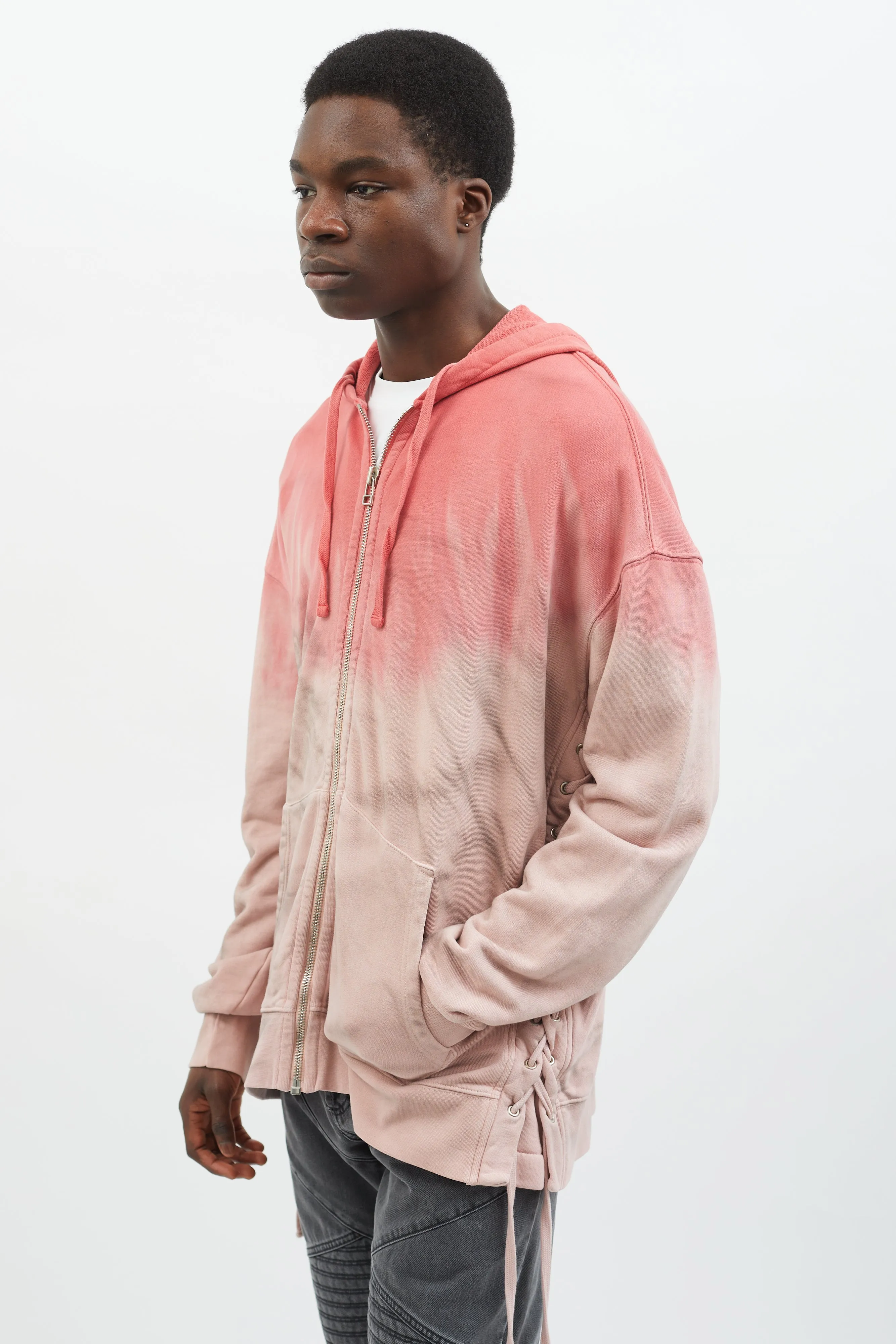 Pink Gradient Tie-Dye Lace-Up Hoodie