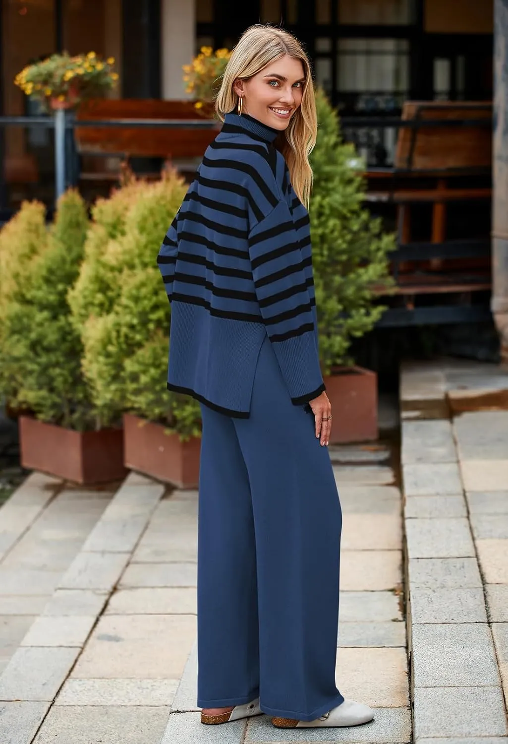 Pink Queen Lounge Sets For Women Two Pieces Long Sleeve Striped Sweater and Wide Leg Pants Tracksuit