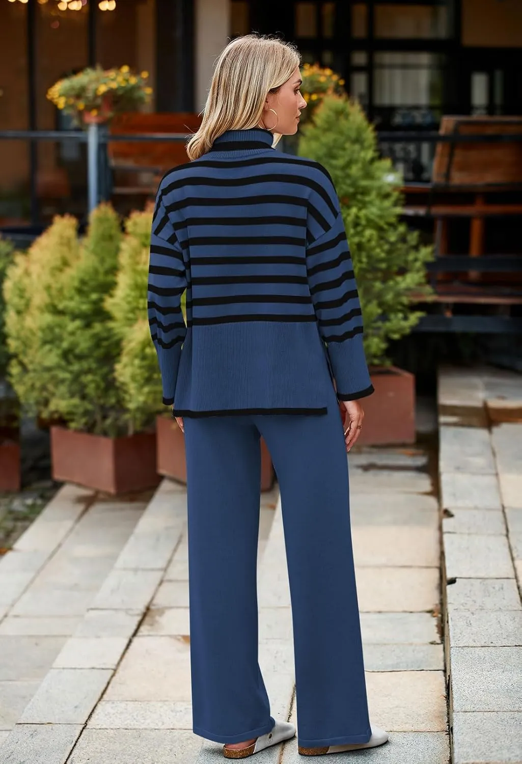 Pink Queen Lounge Sets For Women Two Pieces Long Sleeve Striped Sweater and Wide Leg Pants Tracksuit