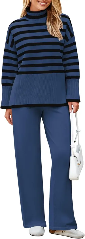 Pink Queen Lounge Sets For Women Two Pieces Long Sleeve Striped Sweater and Wide Leg Pants Tracksuit