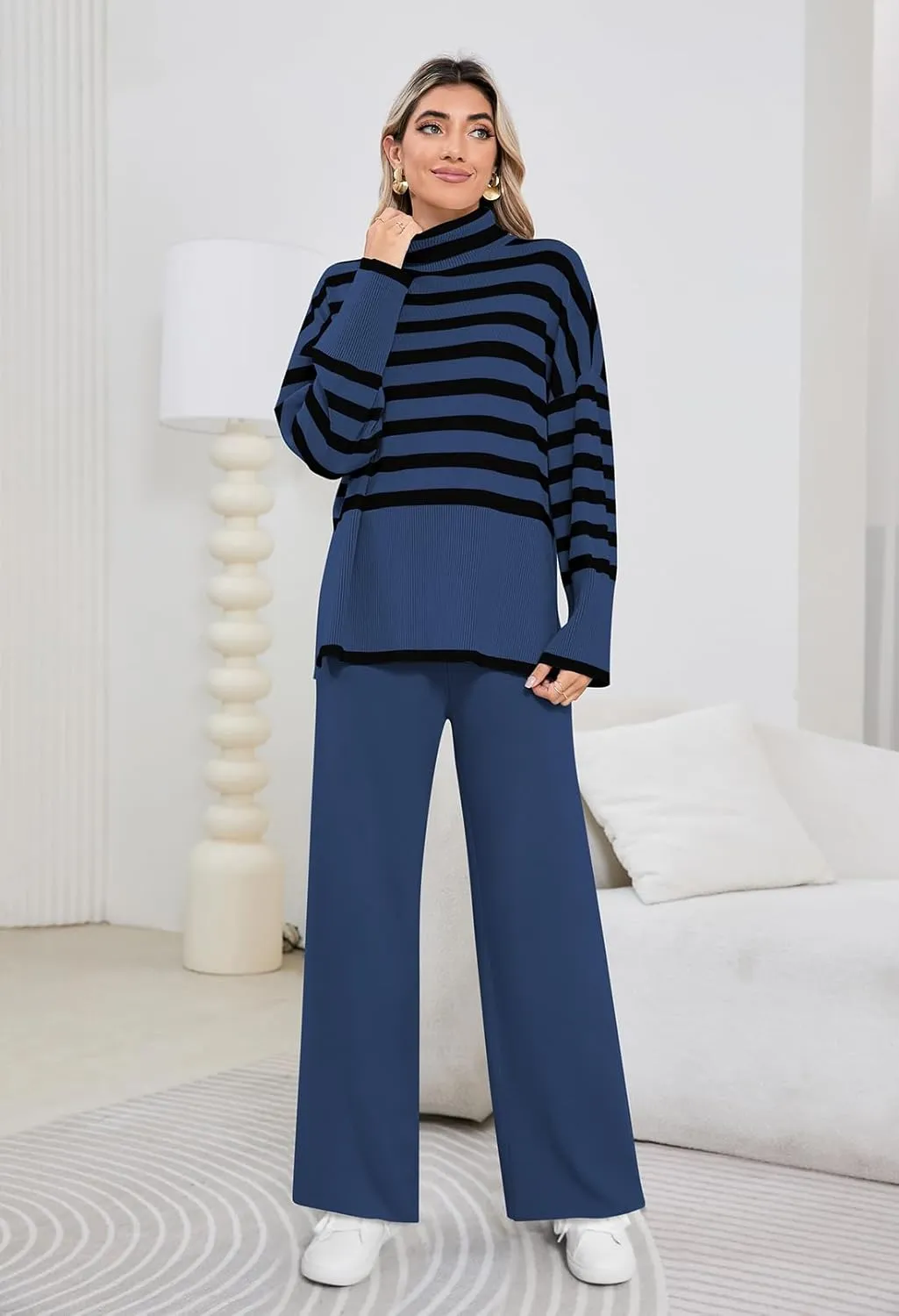 Pink Queen Lounge Sets For Women Two Pieces Long Sleeve Striped Sweater and Wide Leg Pants Tracksuit