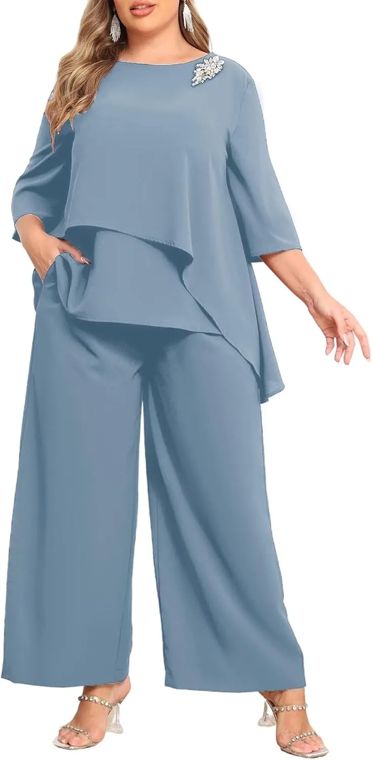 Plus Size Chiffon Pant Suit 2 Piece for Wedding Mother of The Bride Groom Formal Set Elegant Outfit
