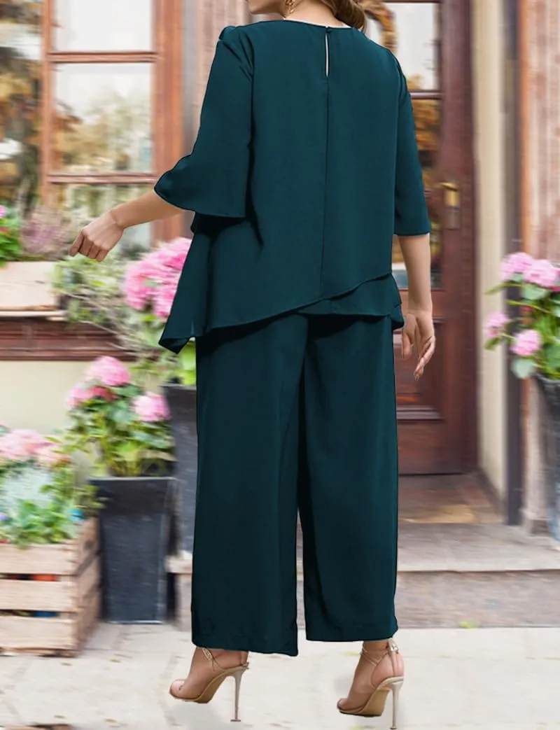 Plus Size Chiffon Pant Suit 2 Piece for Wedding Mother of The Bride Groom Formal Set Elegant Outfit