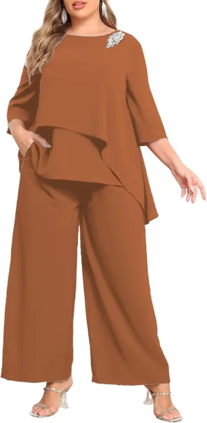 Plus Size Chiffon Pant Suit 2 Piece for Wedding Mother of The Bride Groom Formal Set Elegant Outfit