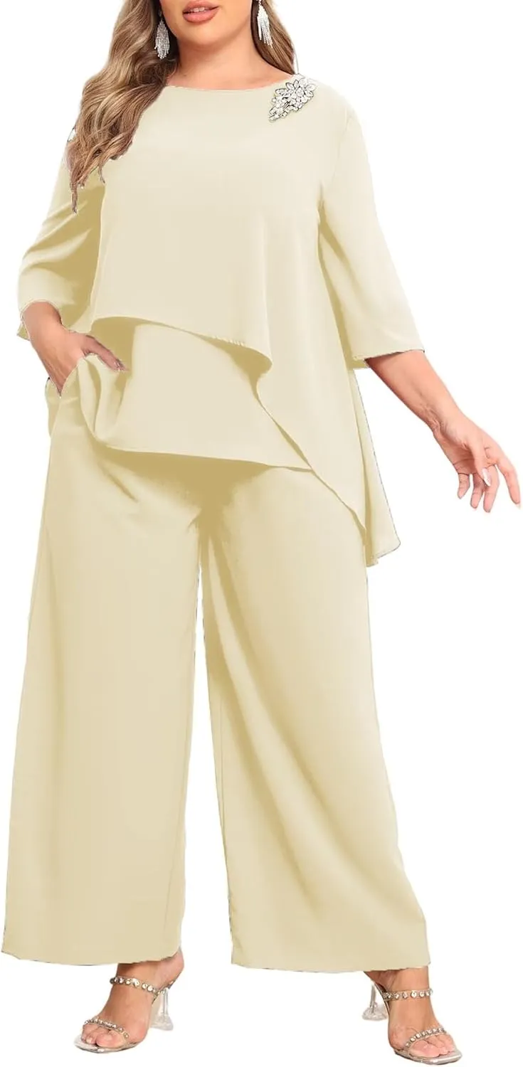 Plus Size Chiffon Pant Suit 2 Piece for Wedding Mother of The Bride Groom Formal Set Elegant Outfit