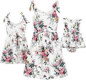 PopReal Mommy and Me Floral Printed Dresses Shoulder Straps Bowknot Chiffon Sleeveless Beach Mini Sundress