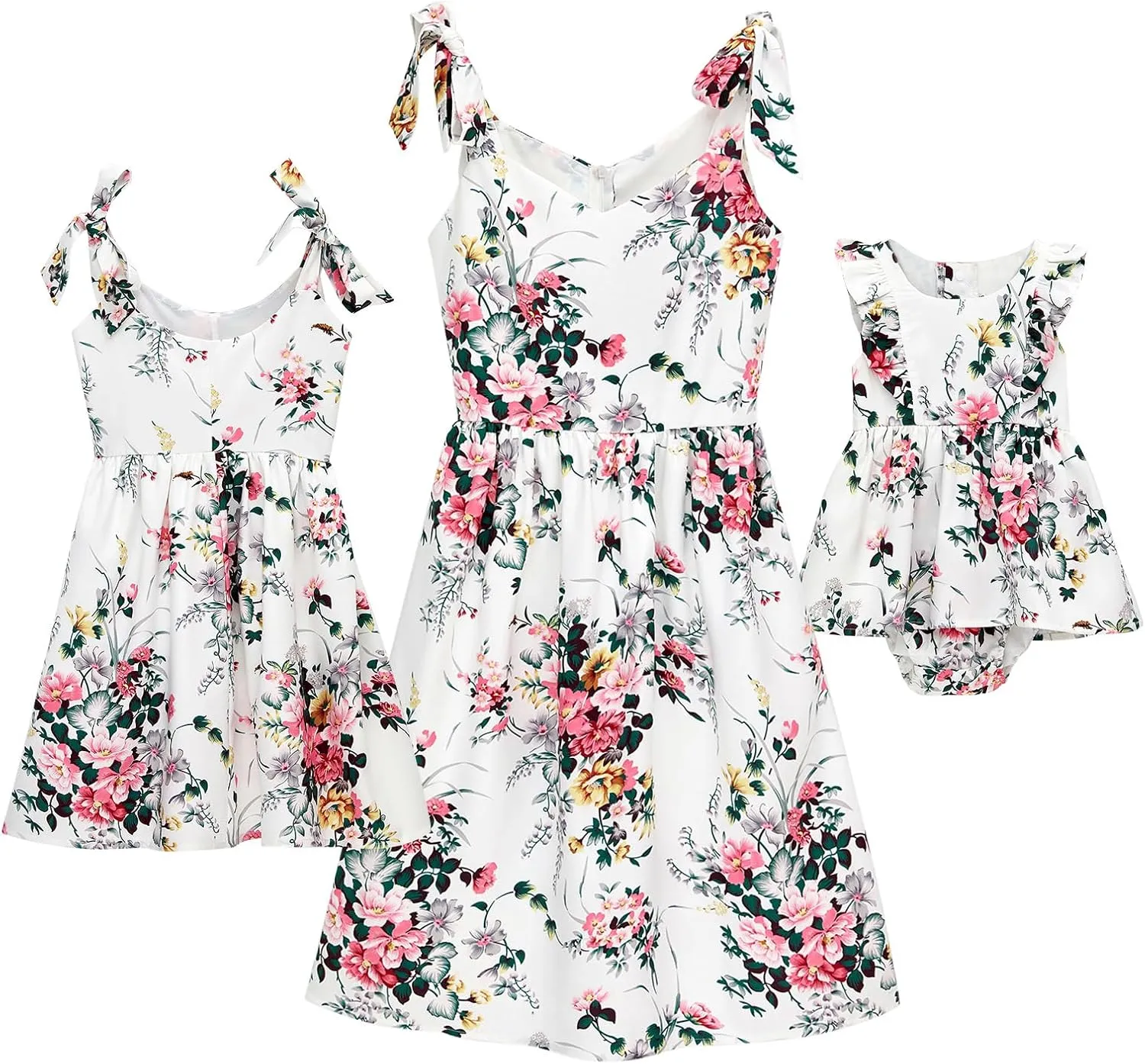PopReal Mommy and Me Floral Printed Dresses Shoulder Straps Bowknot Chiffon Sleeveless Beach Mini Sundress