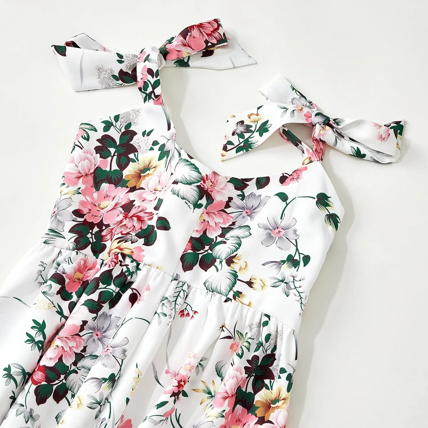 PopReal Mommy and Me Floral Printed Dresses Shoulder Straps Bowknot Chiffon Sleeveless Beach Mini Sundress