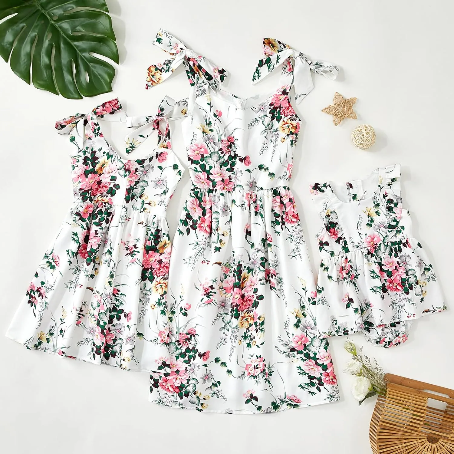 PopReal Mommy and Me Floral Printed Dresses Shoulder Straps Bowknot Chiffon Sleeveless Beach Mini Sundress
