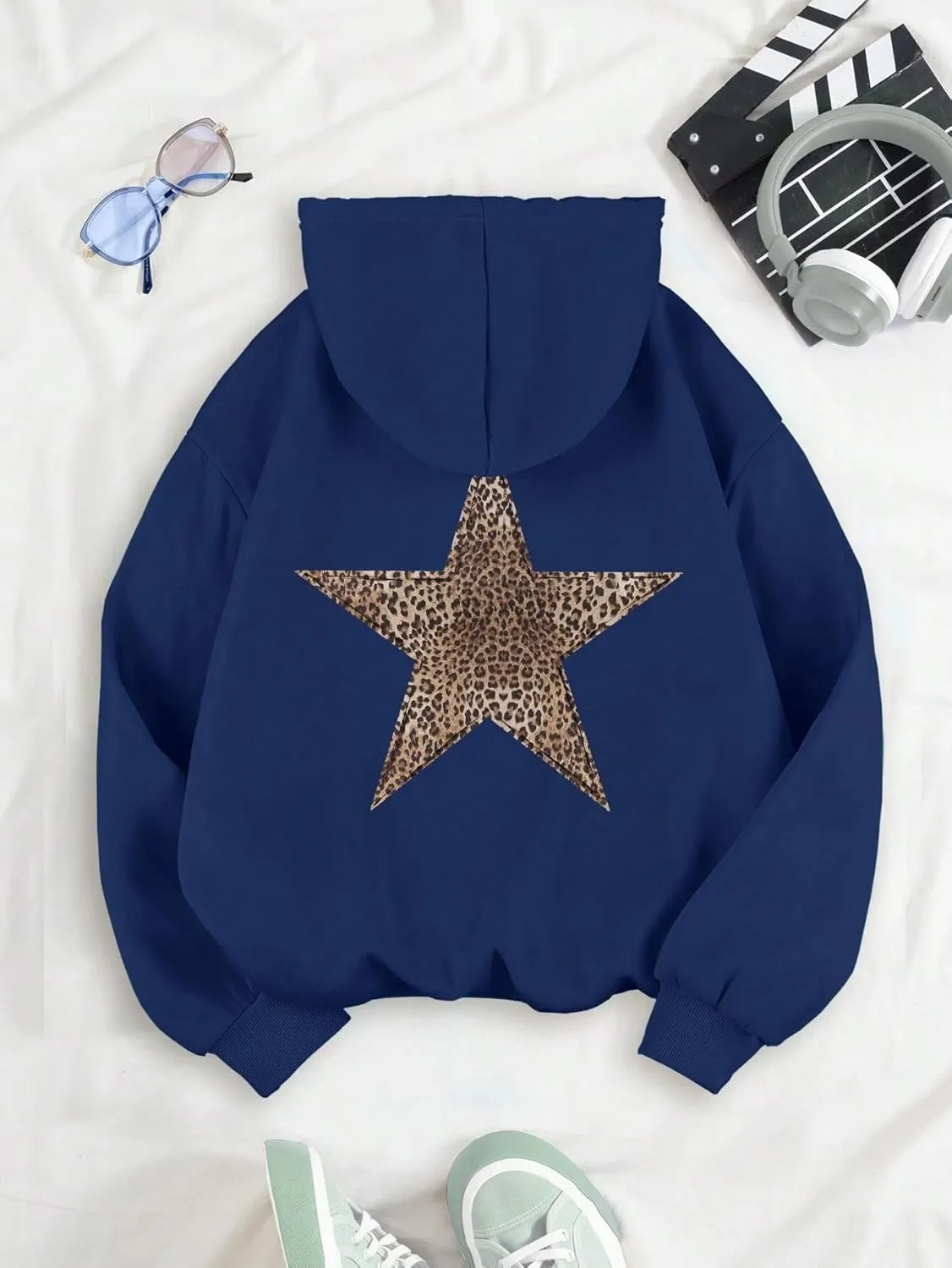 QYZ-Top Womens Cheetah Leopard Star Hoodie Graphic Print Fleece Y2k Oversized Hooded Sweatshirt