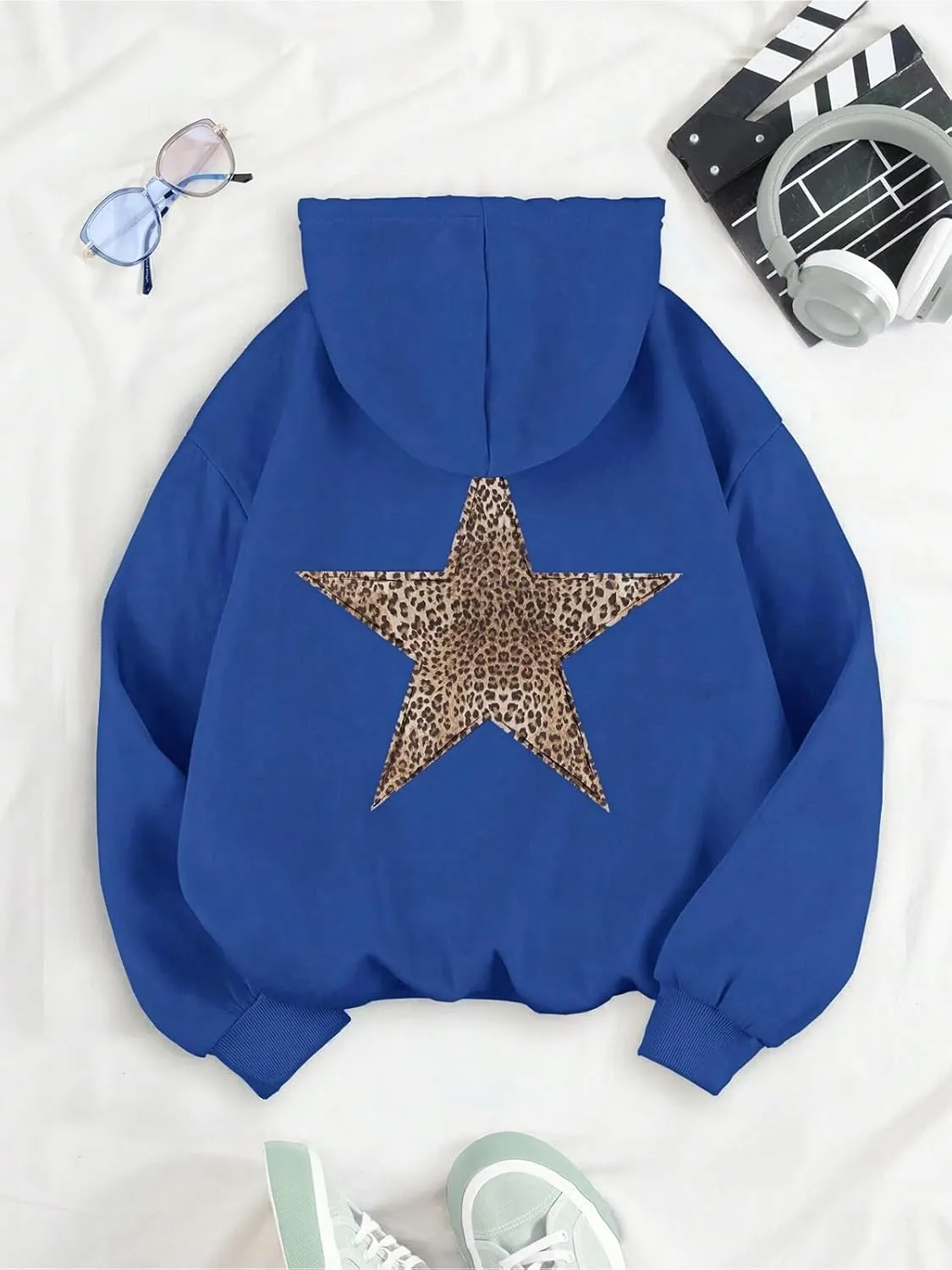 QYZ-Top Womens Cheetah Leopard Star Hoodie Graphic Print Fleece Y2k Oversized Hooded Sweatshirt