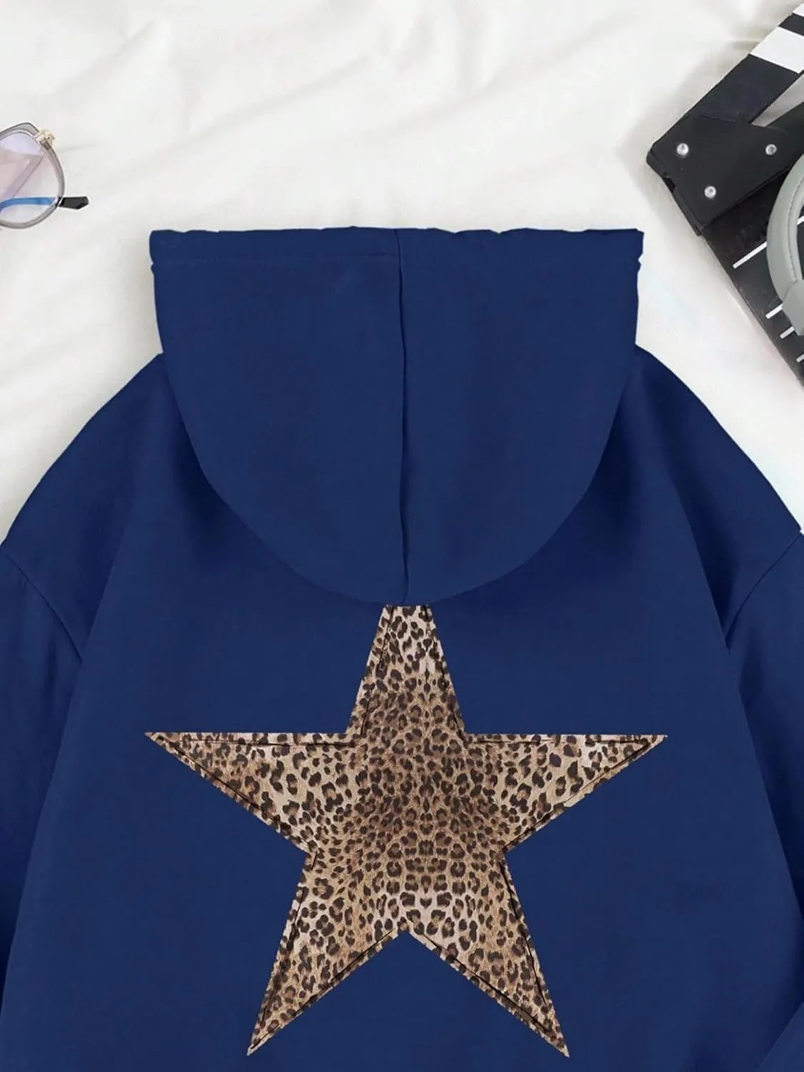 QYZ-Top Womens Cheetah Leopard Star Hoodie Graphic Print Fleece Y2k Oversized Hooded Sweatshirt